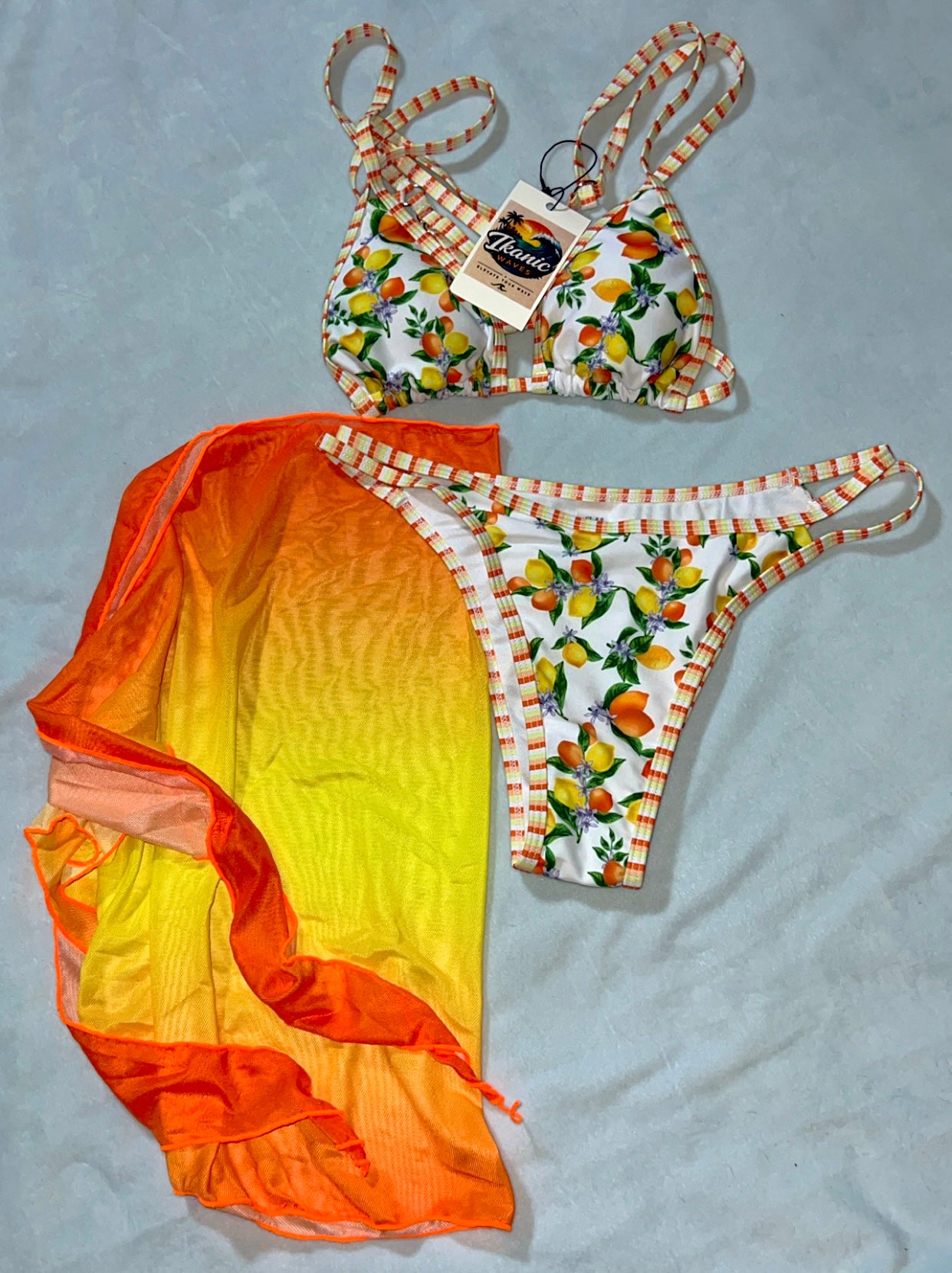 Citrus Bloom 3-Piece Bikini Set with Sheer Cover-Up